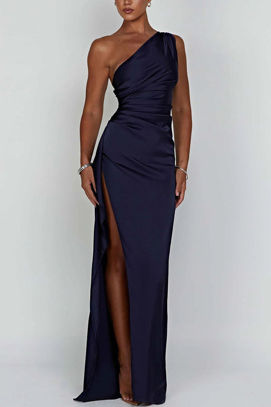 Damen Einschultriges Maxikleid mit Seitenschlitz und Raffung an der Taille