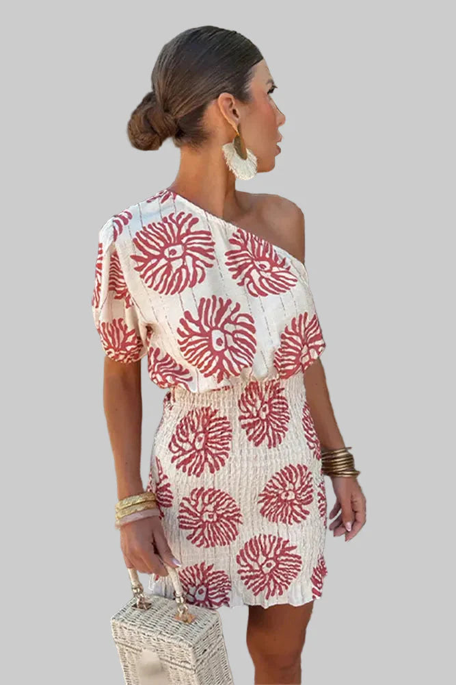 Damen Einschultriges Minikleid mit Puffärmel Geraffter Taille und Rotem Muster