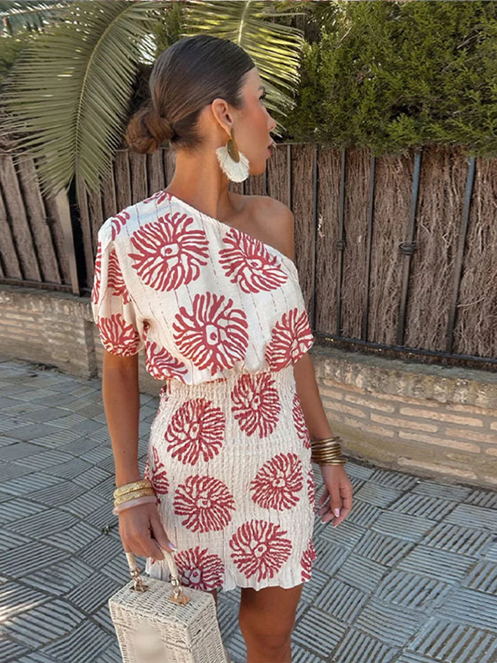Damen Einschultriges Minikleid mit Puffärmel Geraffter Taille und Rotem Muster