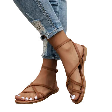 Damen Flache Sandalen mit gekreuzten Riemen und Reißverschluss hinten-Women Footwear-Alpenkind
