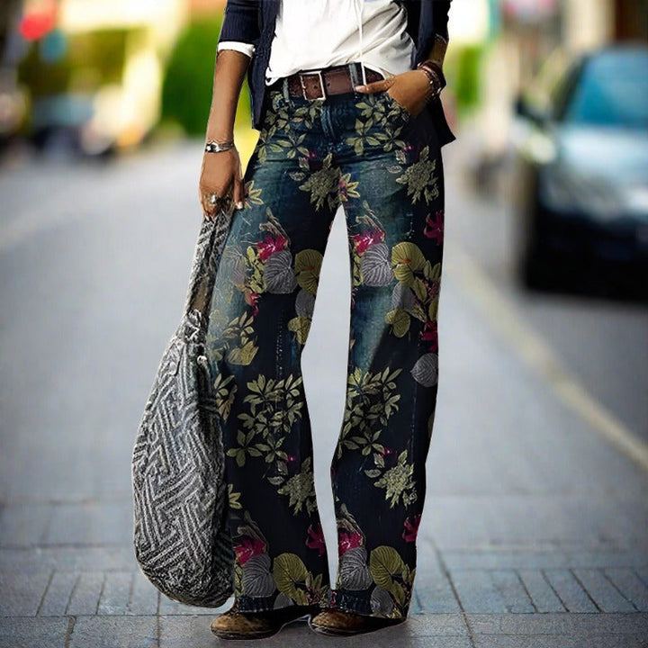 Damen Gerade Geschnittene Hose mit Muster und Gürtelschlaufen-Women Pants-Alpenkind