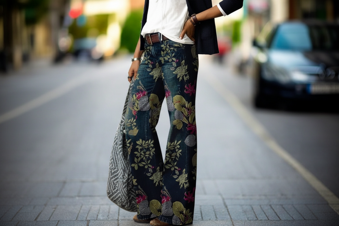 Damen Gerade Geschnittene Hose mit Muster und Gürtelschlaufen-Women Pants-Alpenkind