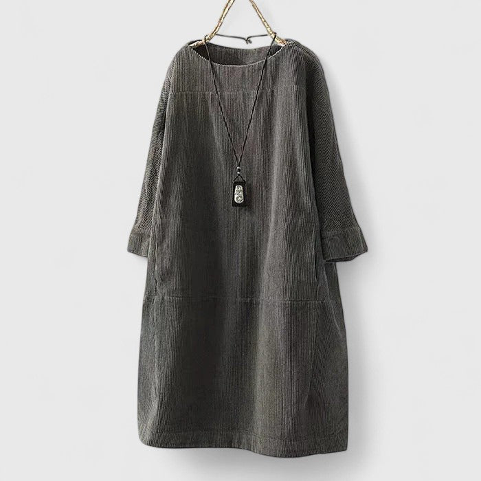 Damen Geripptes Rundhals-Midikleid mit Dreiviertelärmeln und Fronttaschen