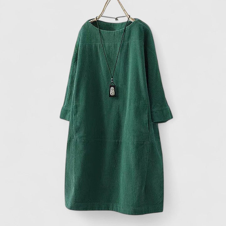 Damen Geripptes Rundhals-Midikleid mit Dreiviertelärmeln und Fronttaschen