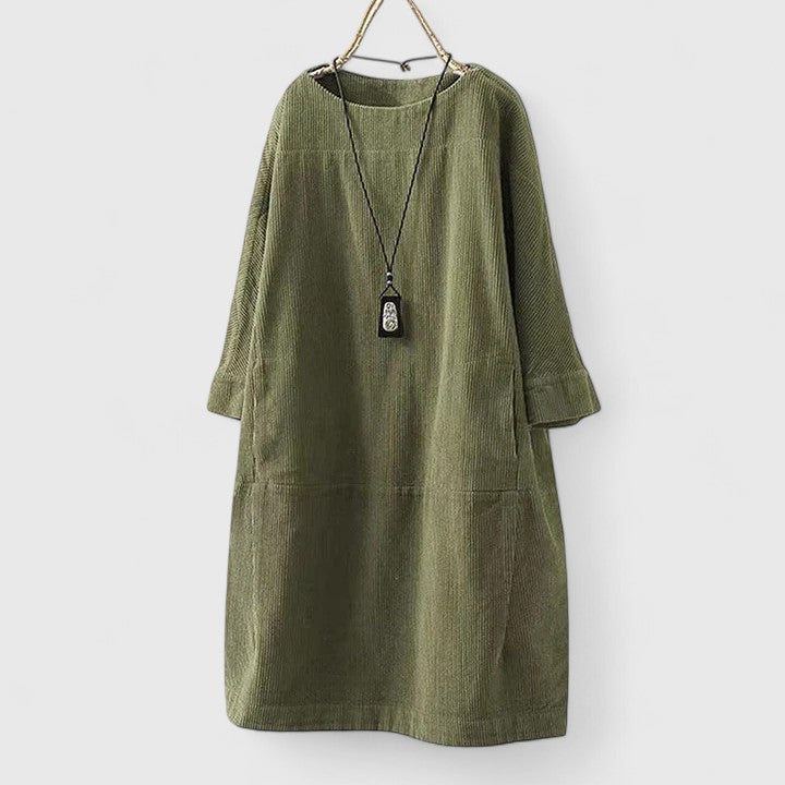 Damen Geripptes Rundhals-Midikleid mit Dreiviertelärmeln und Fronttaschen