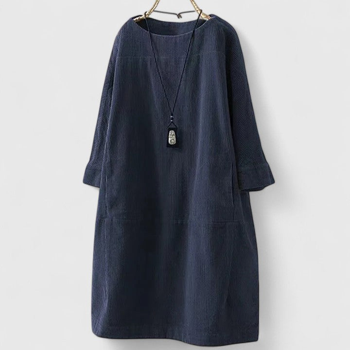 Damen Geripptes Rundhals-Midikleid mit Dreiviertelärmeln und Fronttaschen