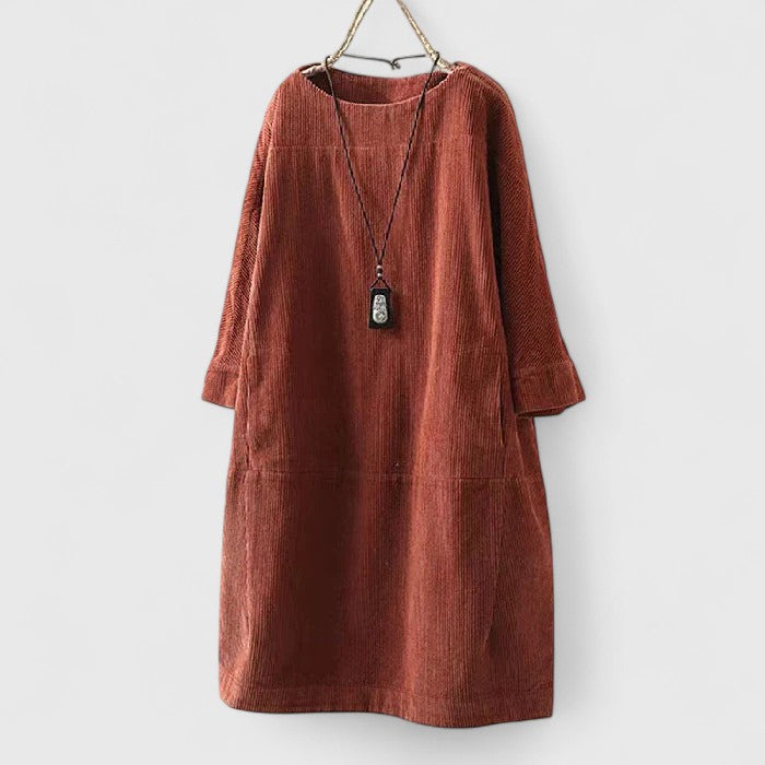 Damen Geripptes Rundhals-Midikleid mit Dreiviertelärmeln und Fronttaschen