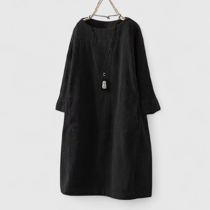 Damen Geripptes Rundhals-Midikleid mit Dreiviertelärmeln und Fronttaschen