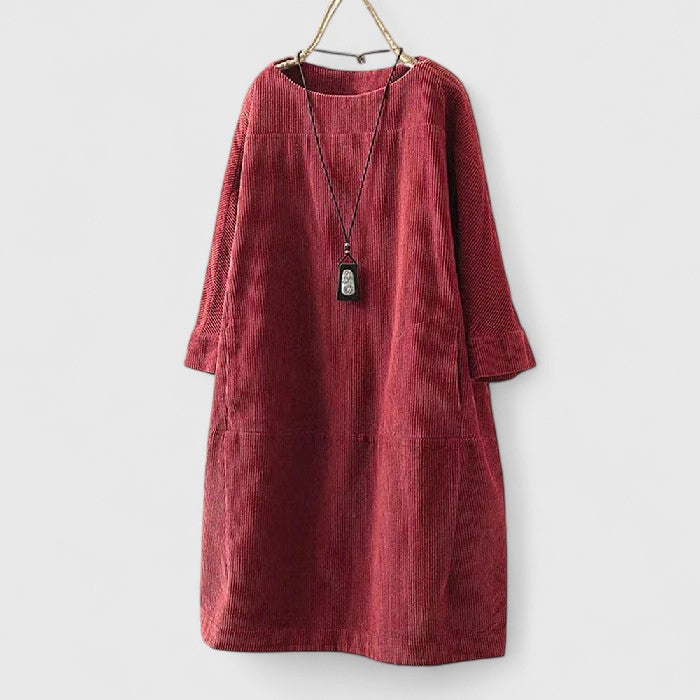 Damen Geripptes Rundhals-Midikleid mit Dreiviertelärmeln und Fronttaschen