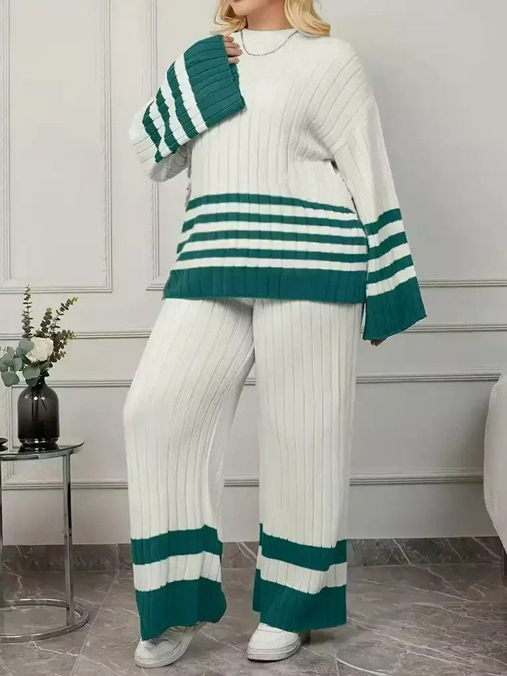 Damen-Geripptes Set mit Langen Ärmeln und Weiter Hose mit Streifen