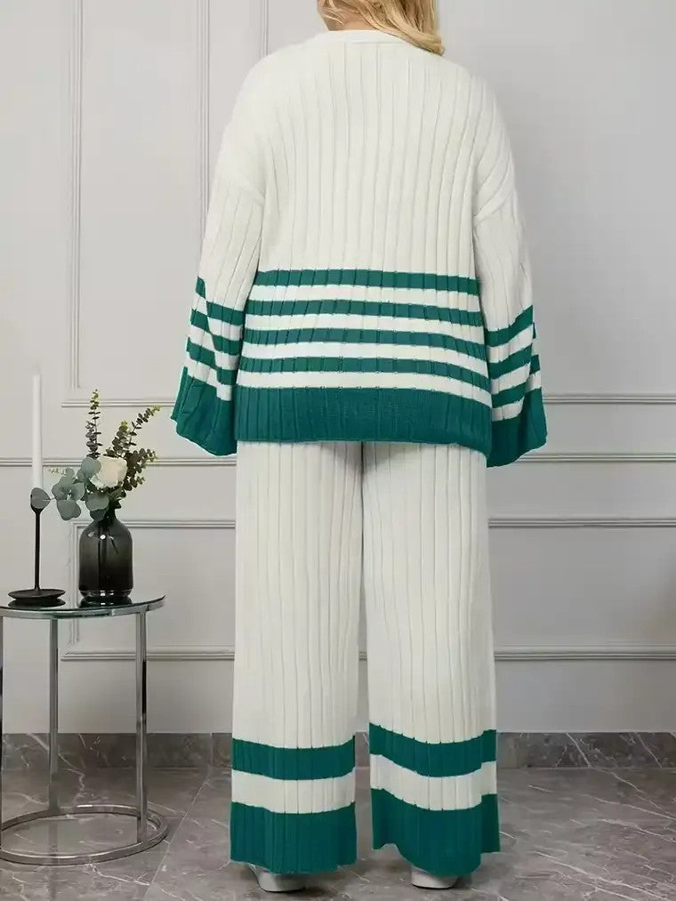 Damen-Geripptes Set mit Langen Ärmeln und Weiter Hose mit Streifen