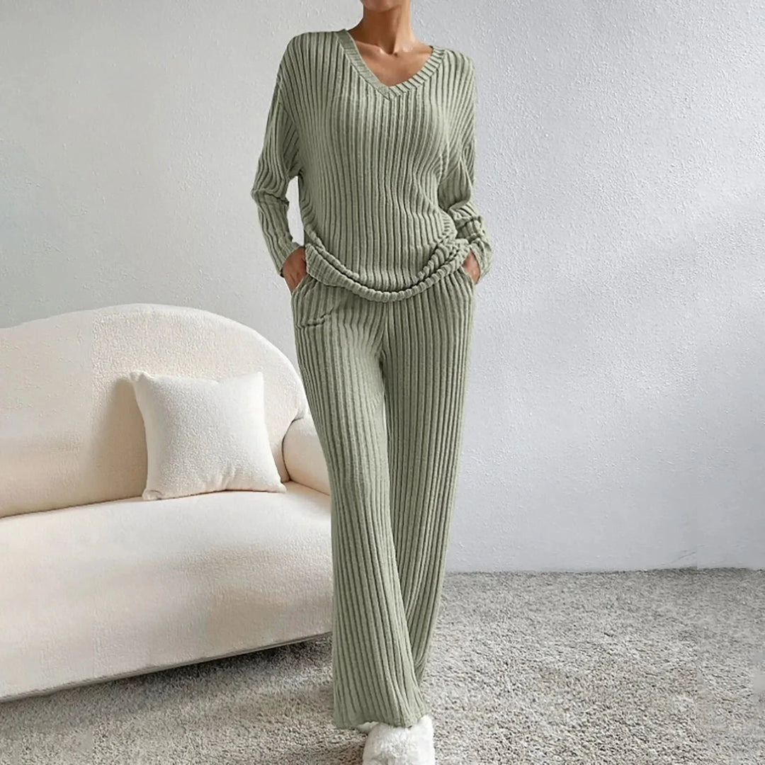Damen Geripptes Strick Set mit V-Ausschnitt Langen Ärmeln und Weiter Hose