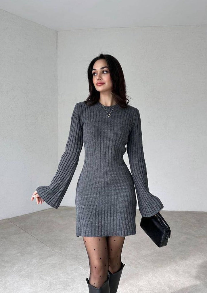 Damen Geripptes Strickkleid mit Rundhalsausschnitt und langen Ärmeln