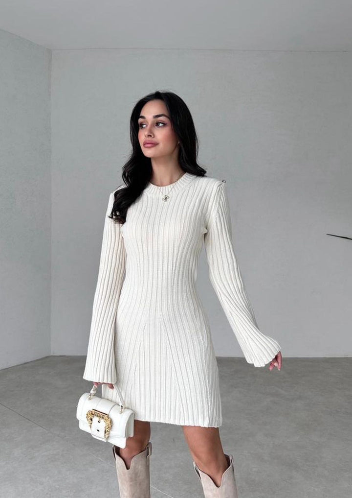 Damen Geripptes Strickkleid mit Rundhalsausschnitt und langen Ärmeln