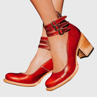 Damen Geschlossene Ankle-Boots mit Seitlichen Ausschnitten, Drei Schnallenriemen und Blockabsatz-Women Footwear-Alpenkind