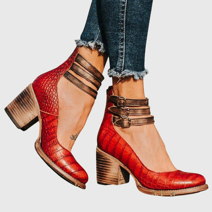 Damen Geschlossene Ankle-Boots mit Seitlichen Ausschnitten, Drei Schnallenriemen und Blockabsatz-Women Footwear-Alpenkind
