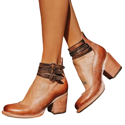 Damen Geschlossene Ankle-Boots mit Seitlichen Ausschnitten, Drei Schnallenriemen und Blockabsatz-Women Footwear-Alpenkind