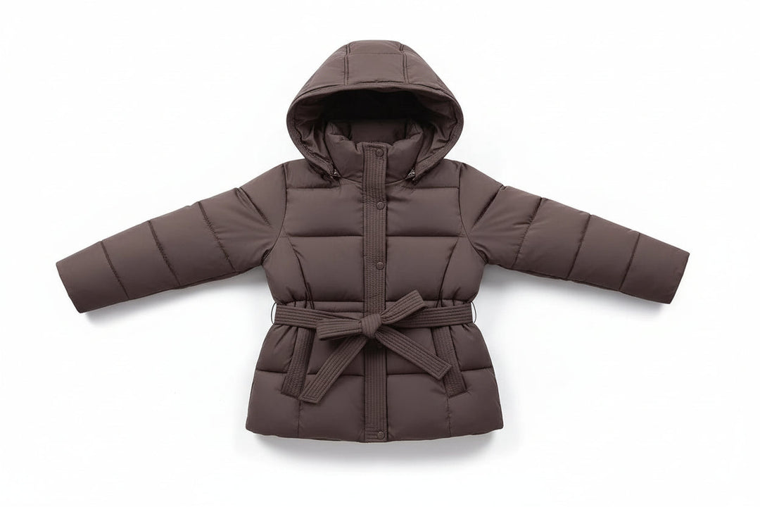 Damen Gesteppte Jacke mit Kapuze, Reißverschluss und Taillengürtel-Women Jackets-Alpenkind