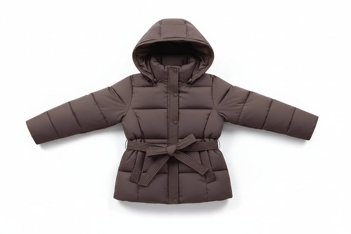 Damen Gesteppte Jacke mit Kapuze, Reißverschluss und Taillengürtel-Women Jackets-Alpenkind