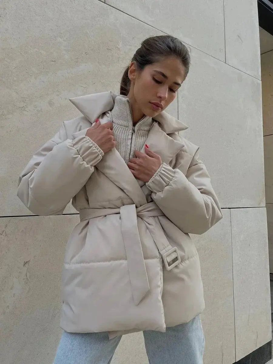 Damen Gesteppte Pufferjacke mit Gürtel breitem Kragen und gerippten Bündchen