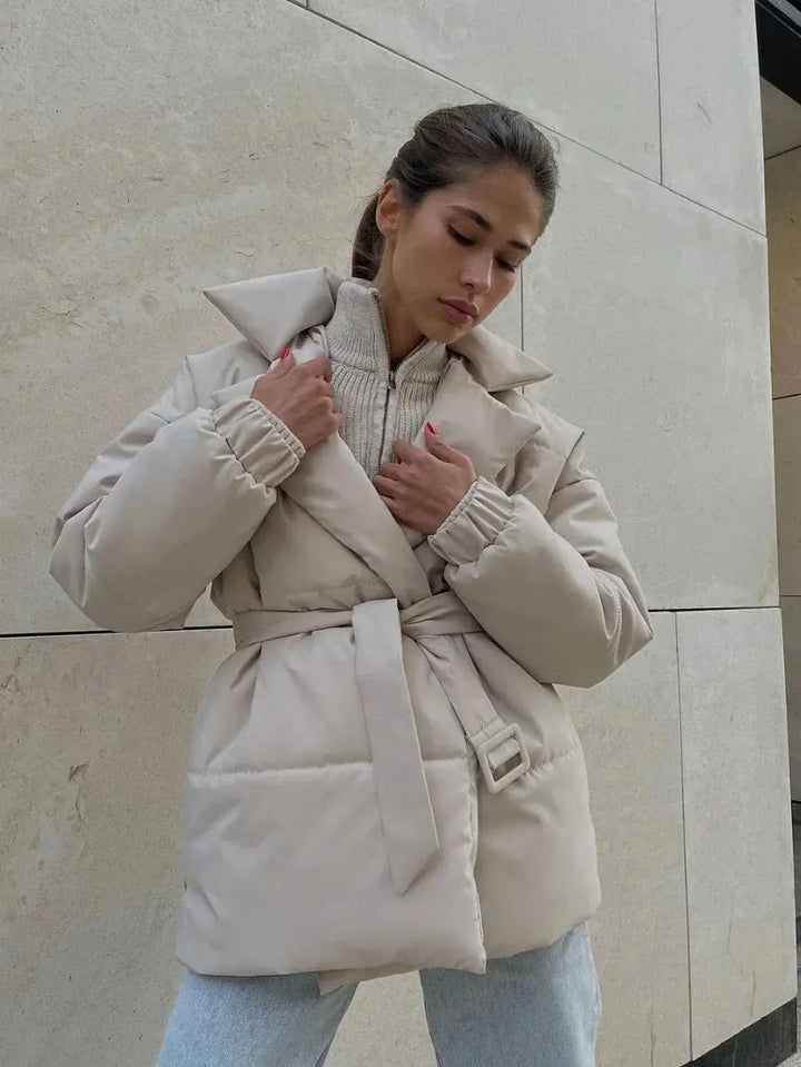 Damen Gesteppte Pufferjacke mit Gürtel breitem Kragen und gerippten Bündchen
