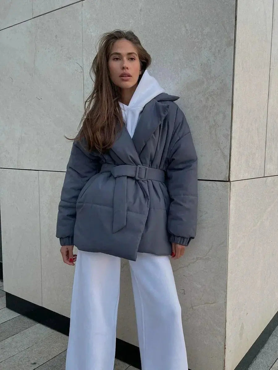 Damen Gesteppte Pufferjacke mit Gürtel breitem Kragen und gerippten Bündchen