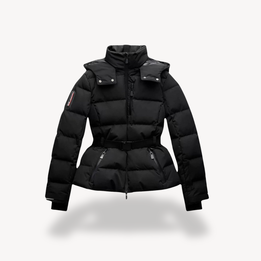 Damen Gesteppte Pufferjacke mit Gürtel Stehkragen Brusttaschen und Reißverschluss