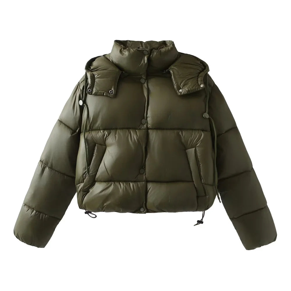 Damen Gesteppte Pufferjacke mit Kapuze Knopfverschluss und Kordelzug am Saum