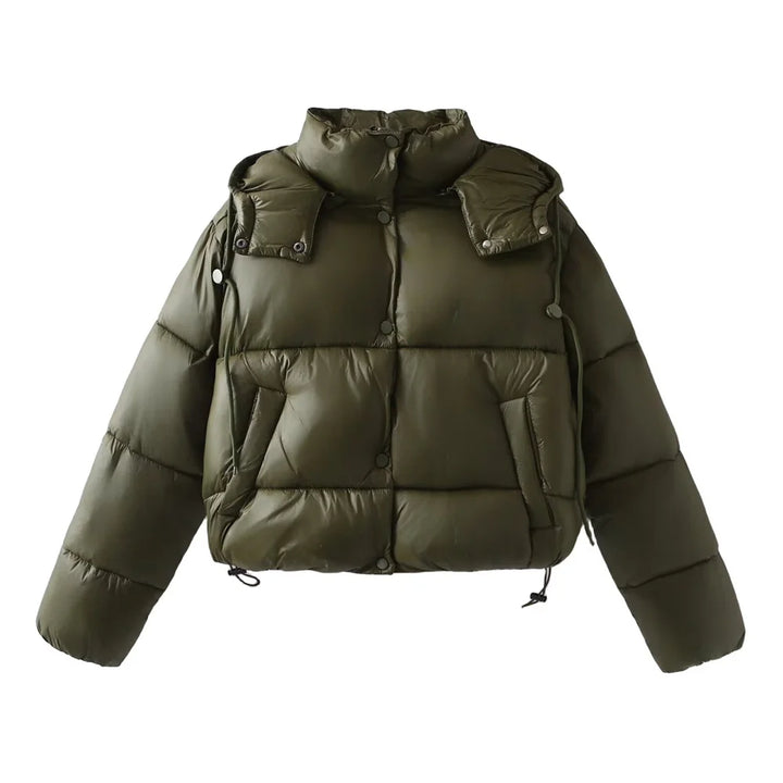 Damen Gesteppte Pufferjacke mit Kapuze Knopfverschluss und Kordelzug am Saum