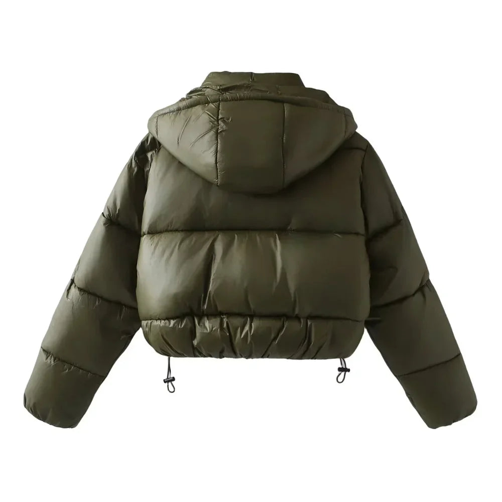 Damen Gesteppte Pufferjacke mit Kapuze Knopfverschluss und Kordelzug am Saum