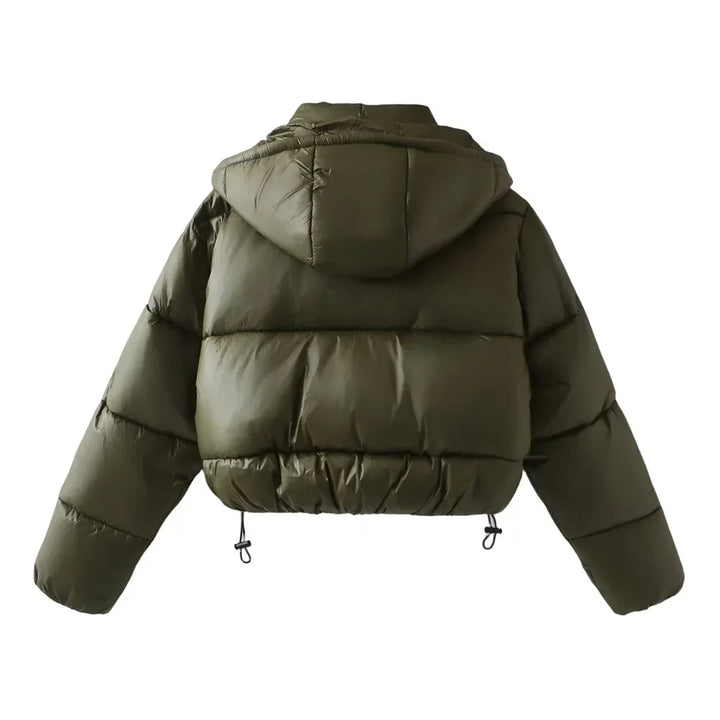 Damen Gesteppte Pufferjacke mit Kapuze Knopfverschluss und Kordelzug am Saum