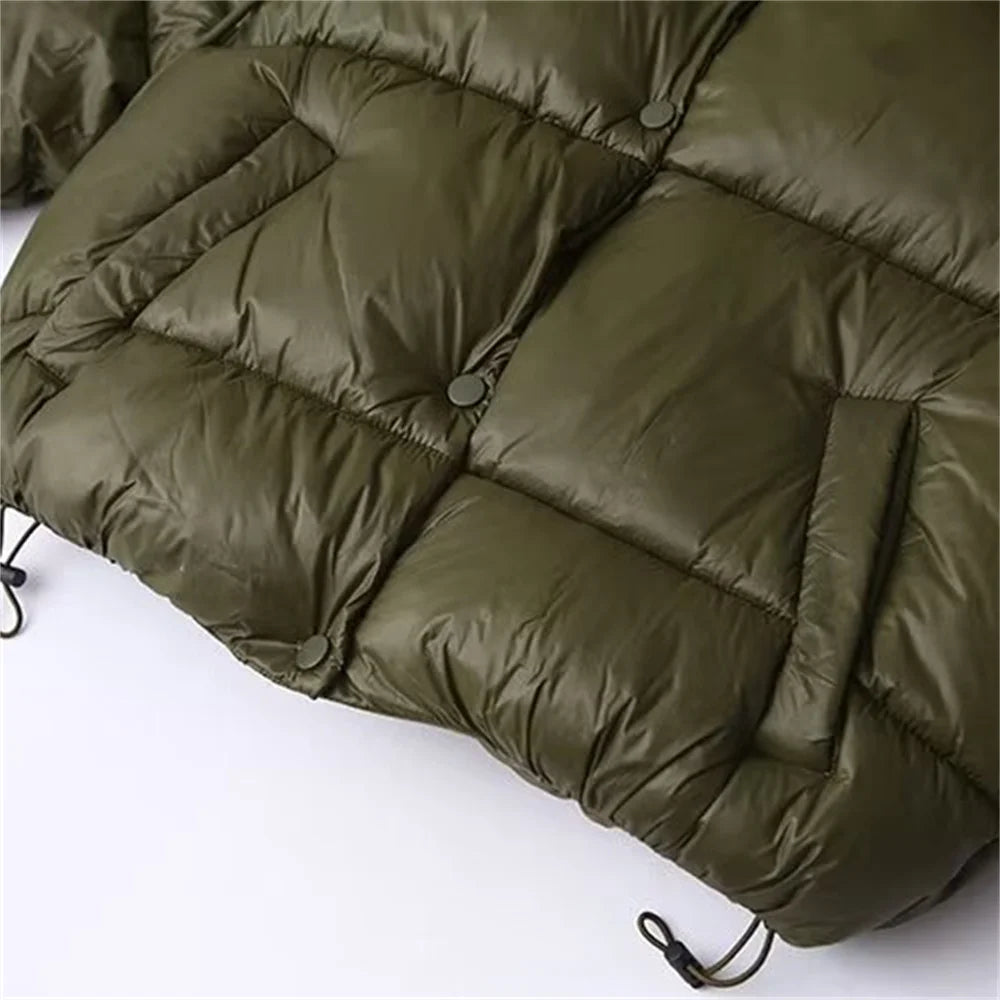 Damen Gesteppte Pufferjacke mit Kapuze Knopfverschluss und Kordelzug am Saum