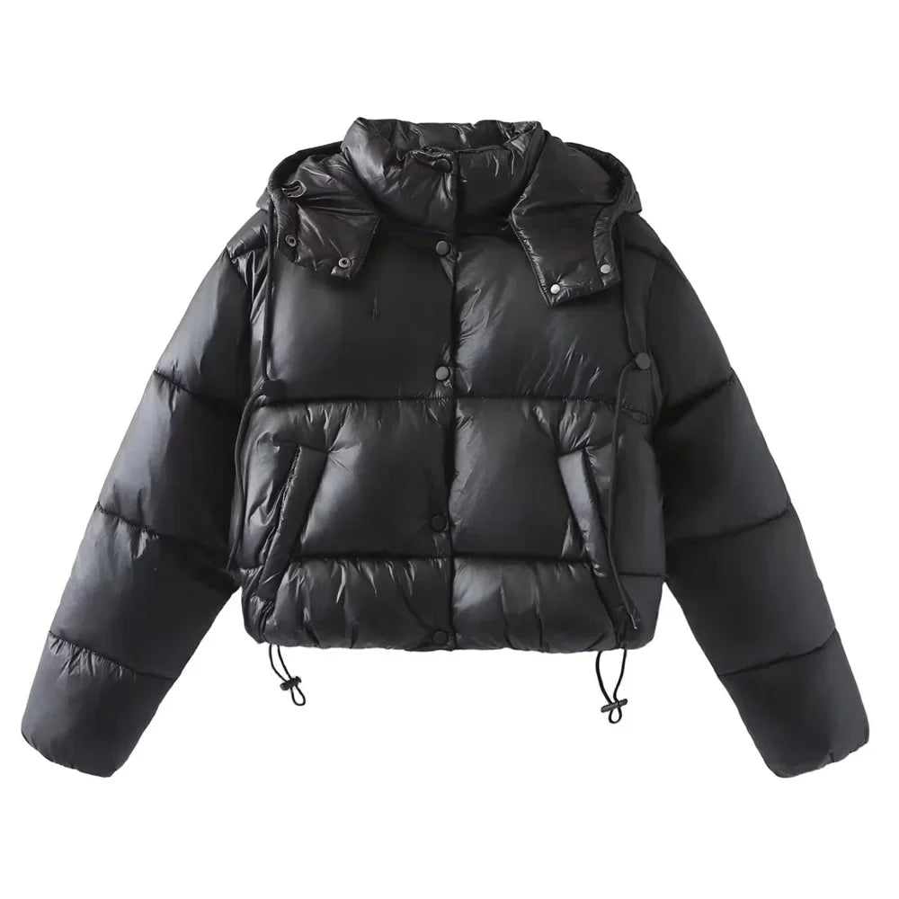 Damen Gesteppte Pufferjacke mit Kapuze Knopfverschluss und Kordelzug am Saum