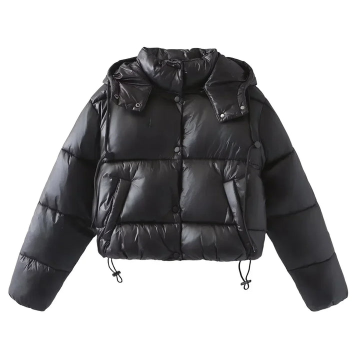 Damen Gesteppte Pufferjacke mit Kapuze Knopfverschluss und Kordelzug am Saum