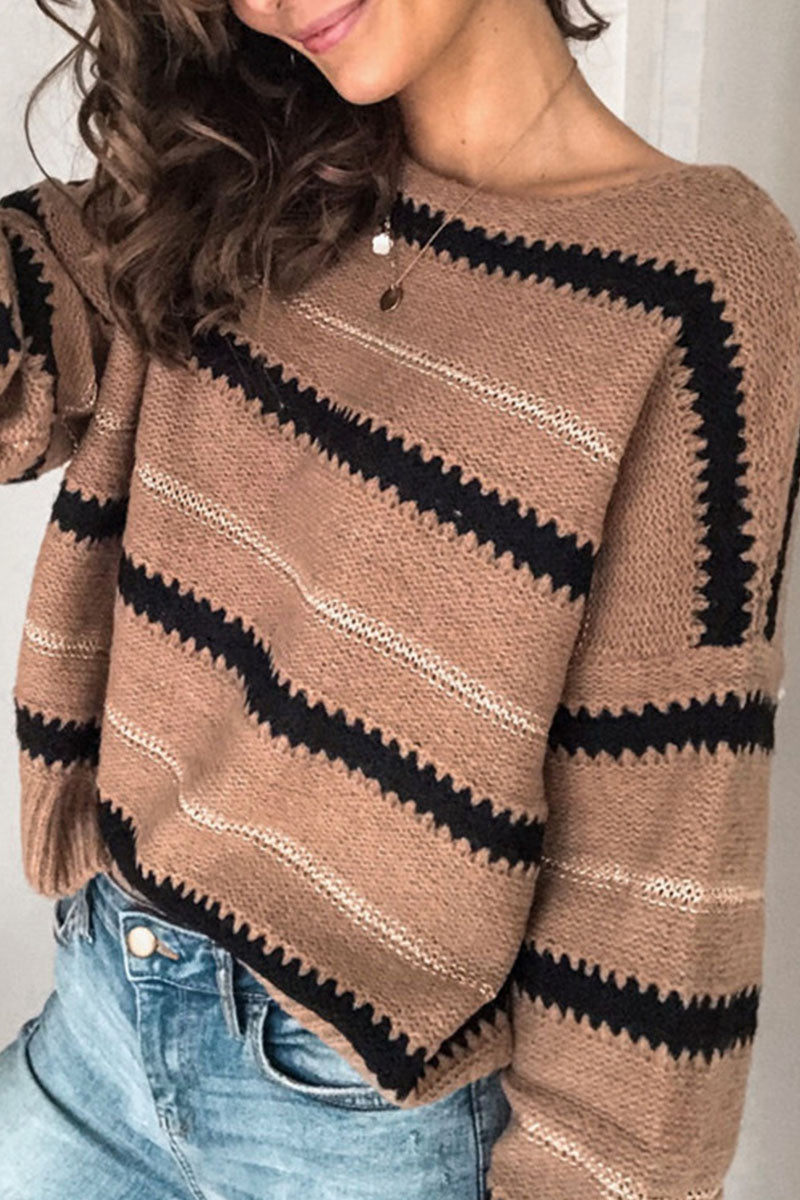 Damen Gestreifter Pullover mit Rundhalsausschnitt und Kontraststreifen