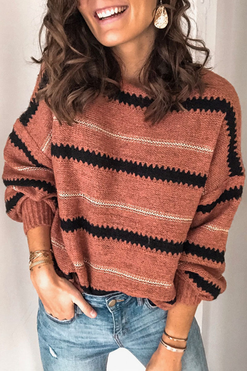 Damen Gestreifter Pullover mit Rundhalsausschnitt und Kontraststreifen