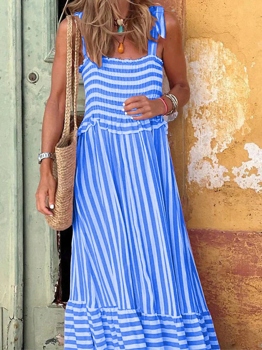Damen Gestreiftes Maxikleid mit Bindebandträgern und Gerafftem Oberteil und Stufenrock