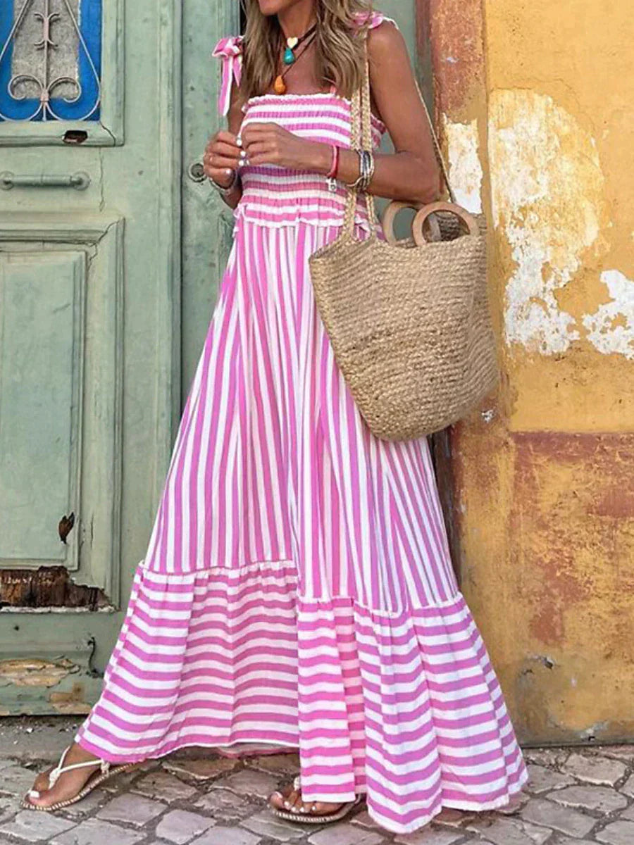 Damen Gestreiftes Maxikleid mit Bindebandträgern und Gerafftem Oberteil und Stufenrock