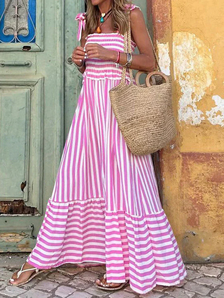 Damen Gestreiftes Maxikleid mit Bindebandträgern und Gerafftem Oberteil und Stufenrock