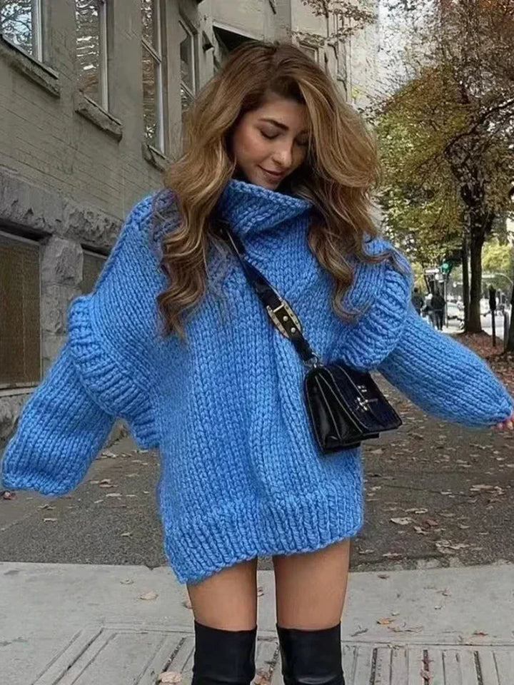 Damen Grobstrick Rollkragenpullover mit Langen Ärmeln und Rippbündchen