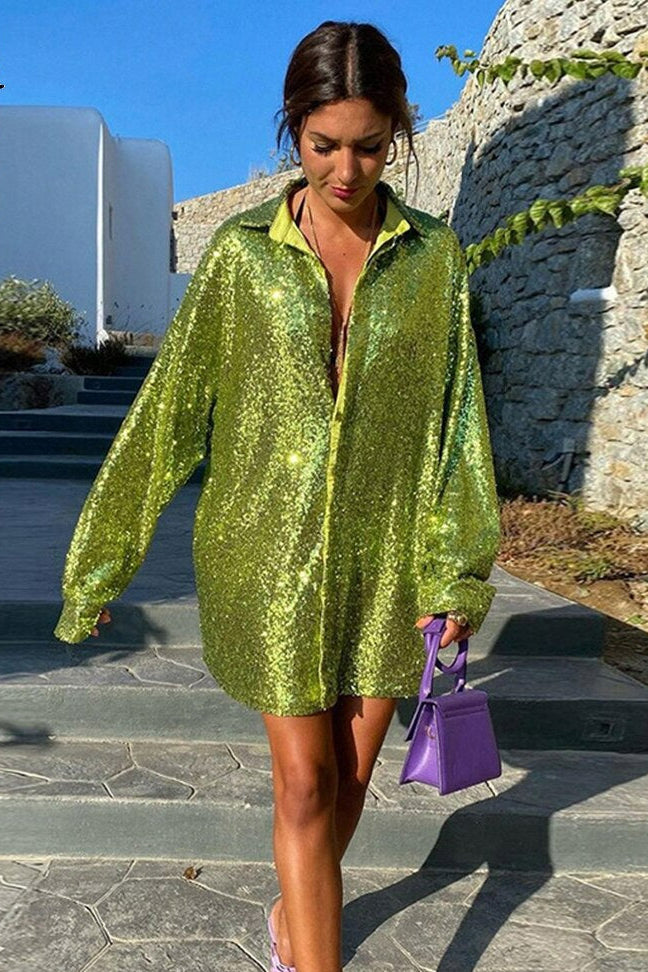 Damen Hemdbluse mit Paillettenbesatz Hemdkragen Langen Ärmeln und Knopfverschluss