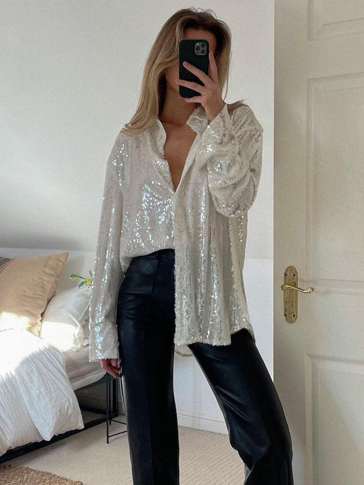 Damen Hemdbluse mit Paillettenbesatz Hemdkragen Langen Ärmeln und Knopfverschluss