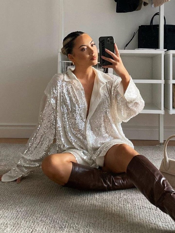 Damen Hemdbluse mit Paillettenbesatz Hemdkragen Langen Ärmeln und Knopfverschluss