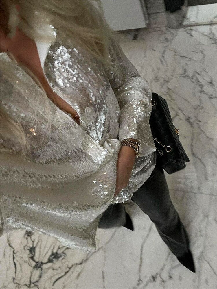 Damen Hemdbluse mit Paillettenbesatz Hemdkragen Langen Ärmeln und Knopfverschluss