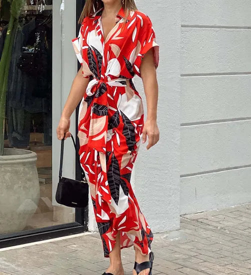 Damen Hemdblusenkleid in Midi-Länge mit Kragen Knopfleiste Bindegürtel und Kurzen Ärmeln