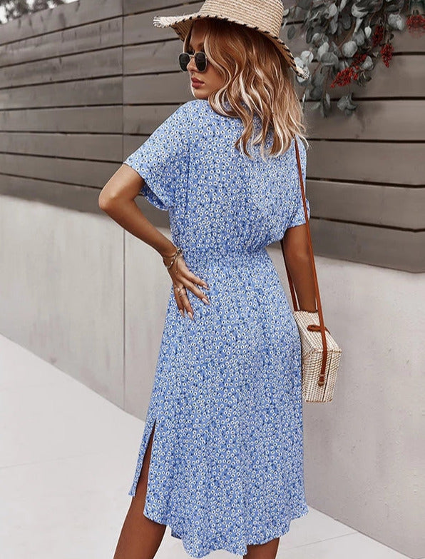 Damen Hemdblusenkleid mit Knopfleiste Bindegürtel Kurzen Ärmeln und Blumenmuster in Midilänge