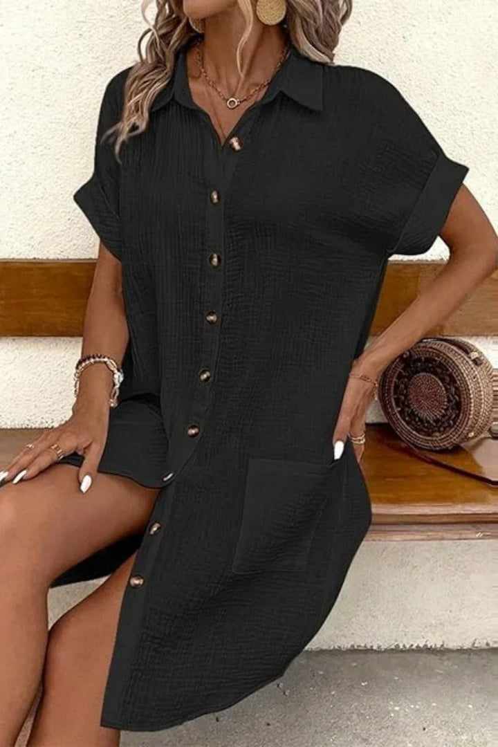 Damen Hemdblusenkleid mit Kragen Kontrastknöpfen Kurzen Ärmeln und Seitentaschen