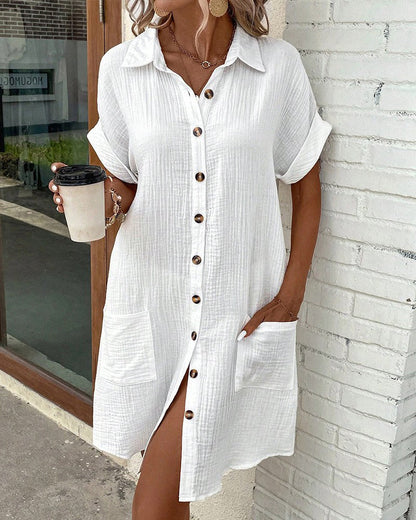 Damen Hemdblusenkleid mit Kragen Kontrastknöpfen Kurzen Ärmeln und Seitentaschen