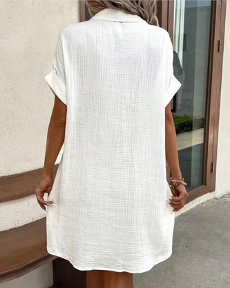 Damen Hemdblusenkleid mit Kragen Kontrastknöpfen Kurzen Ärmeln und Seitentaschen