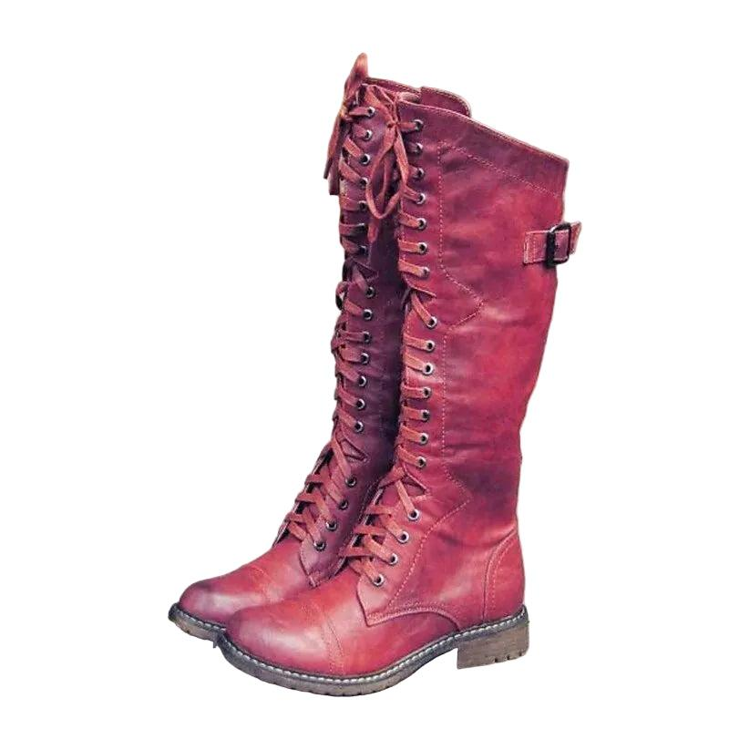 Damen Hohe Schnürstiefel im Reitstil mit Schnallenriemen-Women Footwear-Alpenkind